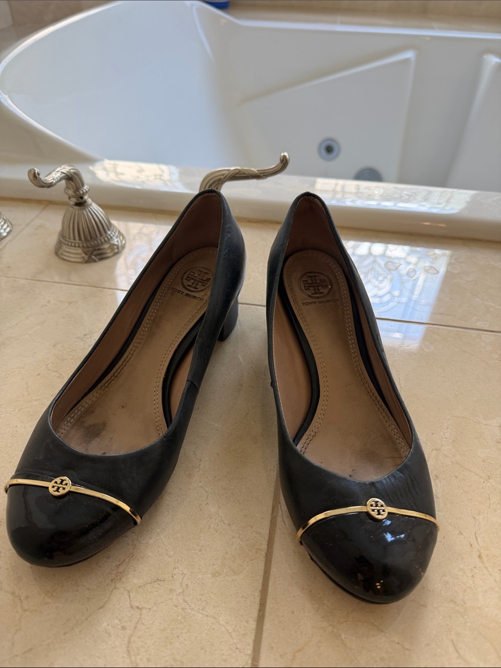 Tory Burch Black Leather Low Heel Pumps with Gold Logo Trim